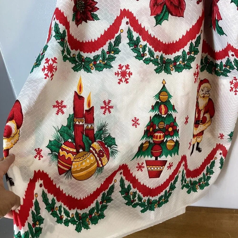 Christmas Table Cloth Vtg Santa Poinsettia Tree Candles 126” X 64”